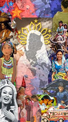 an artistic collage with many different people and things in the background, including a woman's face