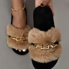 Brand New Shoes Shein, Trendy Slippers, Fluffy Shoes, Toe Slippers, Fluffy Slippers, Chain Decor, Bedroom Slippers, Open Toe Slippers, Cute Slippers