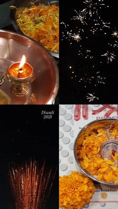 three pictures with different types of fireworks in them and on the same page, there is a candle that has been lit