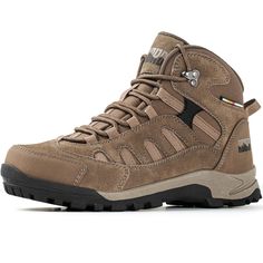 the men's hiking boots are tan and black