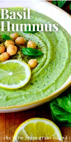 the cover of basil hummus with lemons and garnish