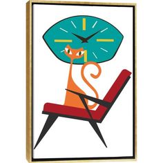 an orange cat sitting in a chair with a clock on it's face