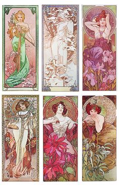 four different colored cards with women in art nouveau style paintings on them, each featuring an image of a woman and flowers