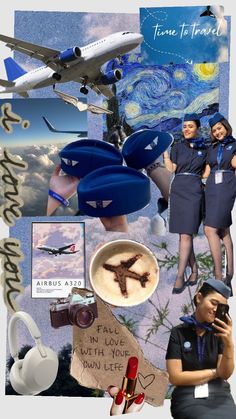 collage of various images including two women and one man, with an airplane in the background