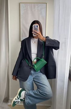 How To Style Campus 00s, Styling Adidas Campus 00s, Adidas Campus 00s Outfits Women, Green Campus 00s Outfit, Campus 00s Outfit, Office Baddie, Sleeves Outfit, Campus 00, Looks Adidas