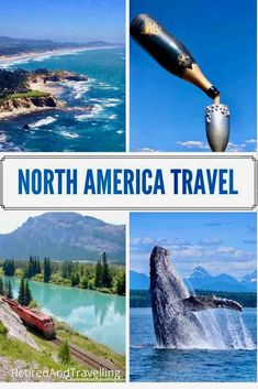 the north america travel collage is shown in four different pictures, including a whale and a boat