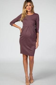 Purple 3/4 Sleeves Front Pleated Maternity Dress – PinkBlush Maternity Business Attire, Professional Maternity Outfits, Maternity Office Wear, Casual Maternity Dress, Maternity Work Clothes, Maternity Dresses For Baby Shower, Cute Maternity Outfits, Stylish Mom, Baby Shower Dresses