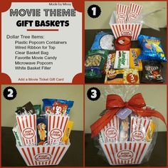 the movie theme gift basket is filled with candy, snacks and candies to give as gifts