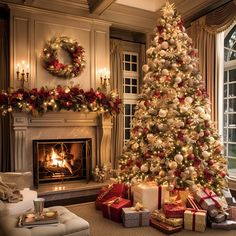 a decorated christmas tree in front of a fireplace