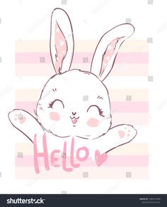 a cute bunny with the word hello on it's chest and pink stripes in the background