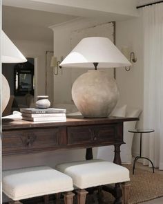 a table with two lamps on top of it and some stools in front of it