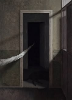 a painting of a person in a room with a door open and the light coming through