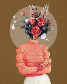 Collage of a Woman with Bouquet of Flowers on Yellow/Gold background Woman With Bouquet Of Flowers, Vintage Collage Art, Surreal Collage Art, Beauty Of The World, Flower Collage, Paper Collage Art