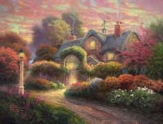 a painting of a house surrounded by flowers