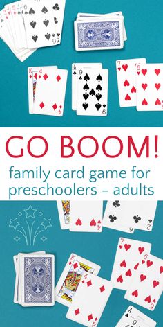 the cover of go boom family card game for preschoolers adults, featuring playing cards