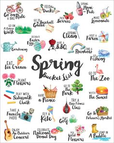 the words spring are written in black and white, with colorful illustrations on it's side