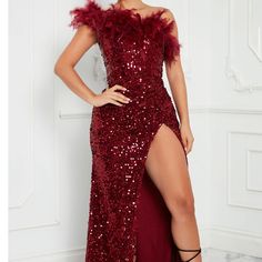 Beautiful Long Gown Sequin With Feathers. Never Worn Mardi Gras Ball Gowns, Maroon And Gold Dress, Fashion Nova Prom Dresses, Velvet Homecoming Dress, Burgundy Sequin Dress, Gold Sequin Gown, Sequins Gown, Dress With Feathers, Lace Corset Dress