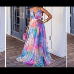 Maxi Multi Colored Chiffon Dress Multi Colored Long Dress, Rainbow Wedding Dress Lightinthebox, Turquoise And Red Wedding Dress, Blue Tulle Dress, Plus Size Long Dresses, Maxi Dress Outfit, Dress Item, Prom Dresses Sleeveless, Boho Summer Dresses