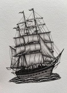 a black and white drawing of a sailing ship