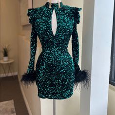 Emerald Green Dress Bodycon Mini Dress Feather Dress Size Small New Unworn Feather Trim On Sleeves Free Shipping Loves Just Please Make Sure Your Address Is Correct Before Purchasing #Glam #Holidaydress Fitted Feather Trim Dress For Dinner, Glamorous Feather Trim Dress For Date Night, Glamorous Dresses With Feather Trim For Date Night, Glamorous Date Night Dress With Feather Trim, Glamorous Green Dinner Dresses, Glamorous Green Mini Dress For Holiday Party, Fitted Feather Dress For Party, Feathered Fitted Dresses For Night Out, Feathered Cocktail Dress For Holidays