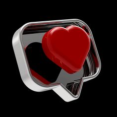 a red heart sitting in the center of a speech bubble with black background and silver frame