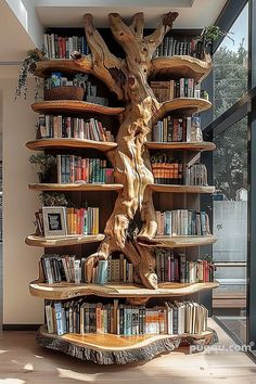 a large wooden sculpture sitting in front of a book shelf filled with books