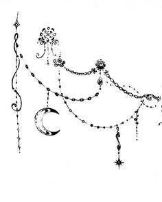 a black and white drawing of a crescent, stars and moon with beads hanging from it