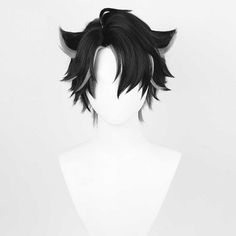 an anime wig with black hair and horns on it's head, in front of a white background