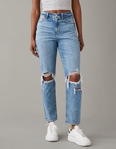 The same Mom Jean fit you know & love: High-waisted with a tapered, ankle-skimming cropped leg. Cute Winter Jeans, Jeans With High Top Sneakers, Trendy Jeans 2024, High Rise Mom Jeans Outfit, Amazon Jeans Women, Womens Jeans 2024, American Eagle Mom Jeans Outfit, Mom Jeans Shoes, Cute Jeans Black