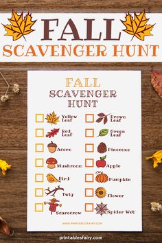 a fall scavenger hunt is shown with leaves and acorns on the table