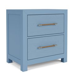 two drawers with bamboo handles in light blue painted wood, one drawer closed and the other open