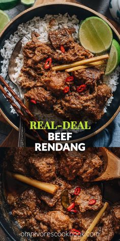 beef and rice in a skillet with chopsticks on the side text reads real - deal beef rendang