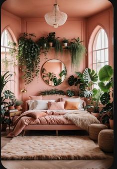 a living room with pink walls and lots of plants