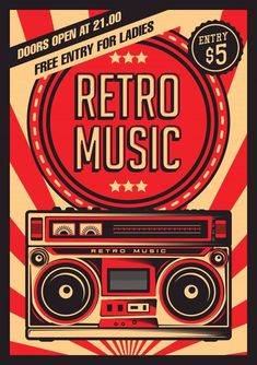 the retro music poster with an old radio and boombox on it's side