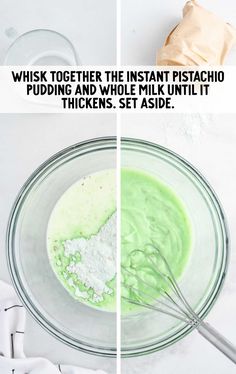 two pictures showing how to make pistachio pudding in a glass bowl with whisk together