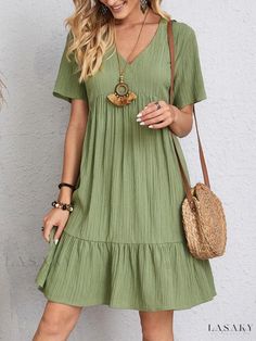 Lasaky - Relaxed Fit Casual Short-Sleeve Waist-Tie Maxi Dress Casual Solid Color Dresses For Day Out, Casual Solid Color Dress For Vacation, Casual Shift Midi Dress, Casual Short Sleeve Solid Color Dress, Casual Flowy Midi Dress In Solid Color, Casual Flowy Solid Color Mini Dress, Casual Flowy Solid Color Midi Dress, Casual Short Sleeve Solid Color Midi Dress, Casual Solid Color Mini Dress