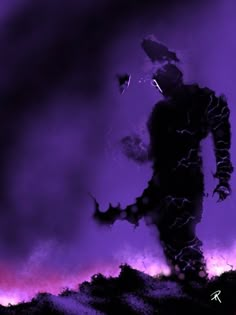 the silhouette of a man is shown against a purple sky with lightnings in the background