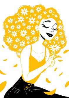 an illustration of a woman with yellow hair and flowers on her head holding a cell phone