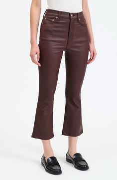 A shiny waxed coating puts an edgier spin on classic kick-flare jeans cut in a high-waisted silhouette and rendered in an earthy chocolate-brown hue. 25" inseam; 16" leg opening; 12" front rise; 15" back rise (size 29) Zip fly with button closure Five-pocket style 67% cotton, 22% recycled polyester, 9% rayon, 2% elastane with polyurethane coating Hand wash, dry flat Imported Shy Girl, Maxi Romper, Kick Flare Jeans, Shy Girls, Perfect Pant, Kick Flares, Brown Pants, Girls High, Cropped Flares