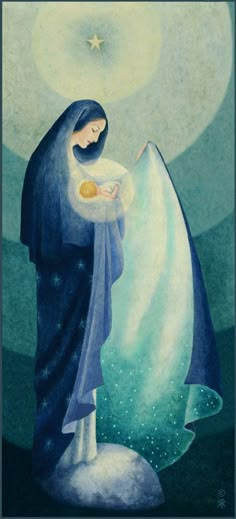 a painting of a woman holding a baby in her arms and looking at the sky