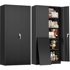 two tall black cabinets with doors open