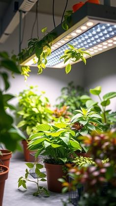 many plants are growing in pots on the floor and one plant is hanging upside down