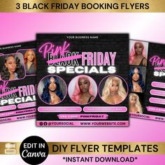 three flyers for black friday with pink hair