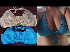 two bikinis with crochet on them, one in blue and the other in beige