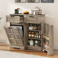 a kitchen cabinet with an open door on the side and shelves full of food items