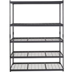 four tier shelving unit with wire shelves on the bottom and one shelf below it