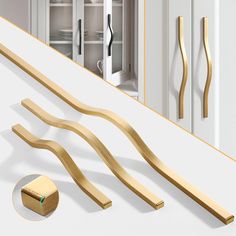 the interior of a house with white walls and gold trimmings on the doors