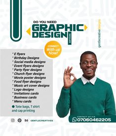 an ad for graphic design magazine with a man in green sweater and glasses holding his hand up