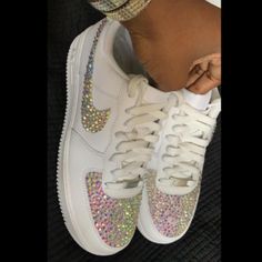 Custom Bling Out Ab Crystal Nike Air Force 1s. Each Shoe Is Hand Designed With Crystals Being Placed One By One, Making This A Time Consuming Process But The End Result Is Truly A Stunning Work Of Art & Worth Every Penny. Please Be Aware That Processing Time Is 2 Weeks & This May Vary Depending On The Shoe & Design Being Done. Sneakers May Be Shipped Without The Box If Doesn't Fit Once Wrapped. Shoes Will Be Packaged Securely. More Glass Crystals Available. Please No Offers. Made To Order. Blinging Shoes Diy, Bedazzled Nikes, White Custom Sneakers With Rhinestones And Round Toe, White Custom Sneakers With Bling, Round Toe, White Custom Lace-up Sneakers With Rhinestones, White Lace-up Custom Sneakers With Rhinestones, Low-top White Sneakers With Bling, White Low-top Sneakers With Bling, White Bling Lace-up Sneakers