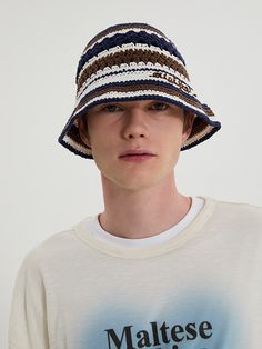 This is a trendy and casual bucket hat by WAIKEI that is made out of high quality and sturdy material. With distinctive mood of the design and clean yet unique look, you can style it for your trendy daily outfit.- Crochet knit fabric suitable for summer- Hand logo embroidery on the left hem- Unique stripe pattern overall Navy Bucket Hat With Short Brim, Navy Casual Bucket Hat With Short Brim, Casual Navy Bucket Hat With Short Brim, Navy Casual Beanie Hat, Casual Navy Brimmed Bucket Hat, Navy Casual Bucket Hat For The Beach, Navy Casual Bucket Hat For Beach, Navy Casual Bucket Hat, Casual Navy Bucket Hat For Beach